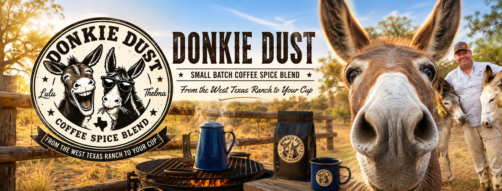 Donkie Dust coffee spice blend banner, featuring the logo, a ranch morning coffee setup, and Thelma at the fence