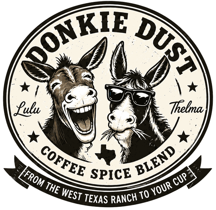 Donkie Dust coffee spice blend logo, featuring Lulu and Thelma